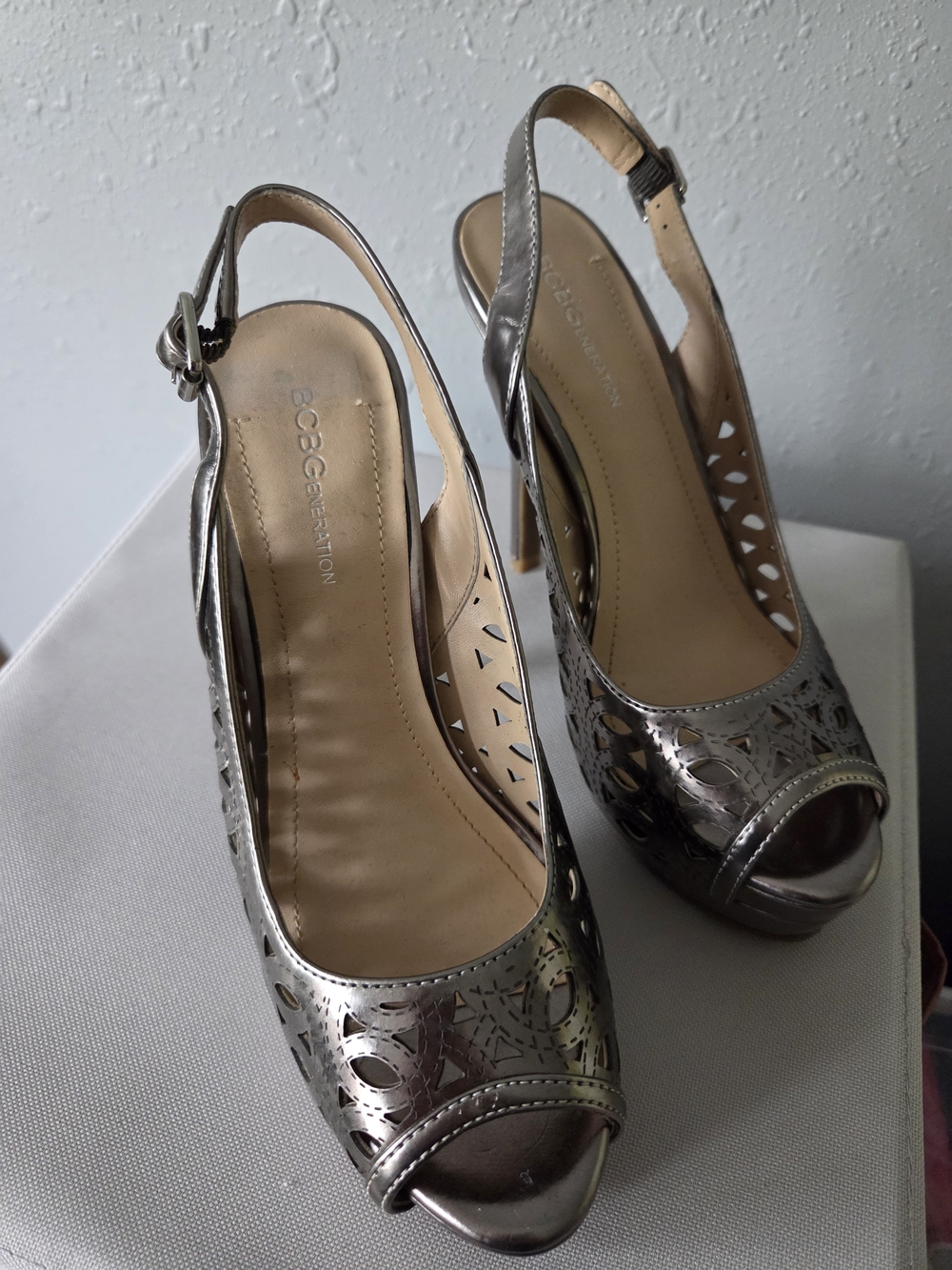 BCBGeneration Silver Laser-Cut Peep-Toe Slingback Heels